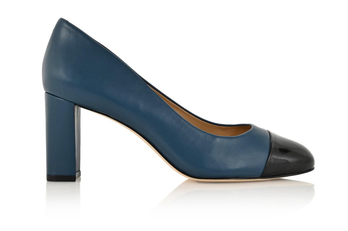 Sandra Indigo Blue Soft Lux Leather/ Black Soft Lux Leather Cap Toe by Joan Oloff Shoes - Vysn