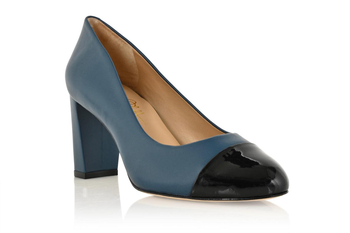 Sandra Indigo Blue Soft Lux Leather/ Black Soft Lux Leather Cap Toe by Joan Oloff Shoes - Vysn