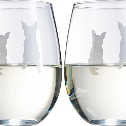 Set of 2 Boston Terrier Dog Stemless Wine Glasses - Boxwood, Boston Bull Terrier, American Gentleman Lover - for Him & Her - Dogs Silhouette - Etched Tumblers for Anniversary, Wedding, Gifts (18 OZ) by The Wine Savant - Vysn