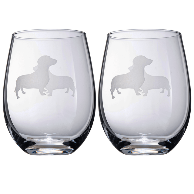 Set of 2 Dog Daschund Stemless Wine Glasses by The Wine Savant - Wiener Dog Puppy & Doggy Lover for Him & Her - Dogs Silhouette - Glass Gifts Etched Tumblers for Anniversary, Wedding, Home Bar Gifts by The Wine Savant - Vysn