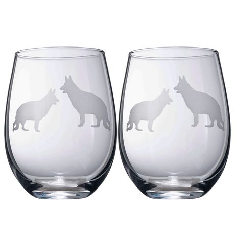 Set of 2 Dog Stemless German Shepherd Wine Glasses by The Wine Savant - Puppy & Doggy Lover for Him and Her Dogs Silhouette - Glass Gifts Etched Tumblers for Anniversary, Wedding, Home Bar Gifts by The Wine Savant - Vysn