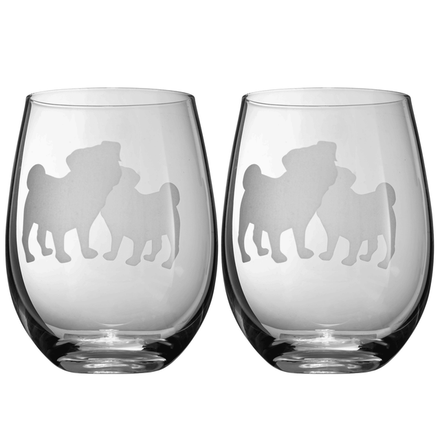 Set of 2 Pug Dog Stemless Wine Glasses by The Wine Savant - Good Doggy Puppy & Doggy Lover for Him & Her - Dogs Silhouette - Glass Gifts Etched Tumblers for Anniversary, Wedding, Home Bar Gifts by The Wine Savant - Vysn