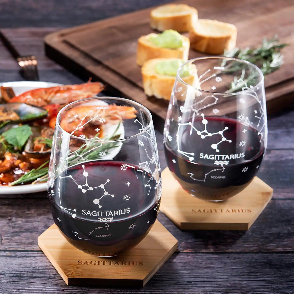 Set of 2 Zodiac Sign Wine Glasses with 2 Wooden Coasters by The Wine Savant - Astrology Drinking Glass Set with Etched Constellation Tumblers for Juice, Home Bar Horoscope Gifts 18oz (Sagittarius) by The Wine Savant - Vysn