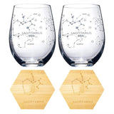 Set of 2 Zodiac Sign Wine Glasses with 2 Wooden Coasters by The Wine Savant - Astrology Drinking Glass Set with Etched Constellation Tumblers for Juice, Home Bar Horoscope Gifts 18oz (Sagittarius) by The Wine Savant - Vysn