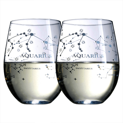 Set of 2 Zodiac Sign Wine Glasses with 2 Wooden Coasters by The Wine Savant - Astrology Drinking Glass Set with Etched Constellation Tumblers for Juice, Water Home Bar Horoscope Gifts 18oz (Aquarius) by The Wine Savant - Vysn