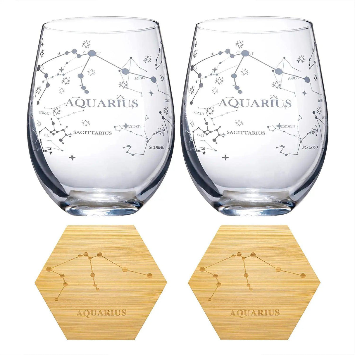 Set of 2 Zodiac Sign Wine Glasses with 2 Wooden Coasters by The Wine Savant - Astrology Drinking Glass Set with Etched Constellation Tumblers for Juice, Water Home Bar Horoscope Gifts 18oz (Aquarius) by The Wine Savant - Vysn