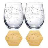 Set of 2 Zodiac Sign Wine Glasses with 2 Wooden Coasters by The Wine Savant - Astrology Drinking Glass Set with Etched Constellation Tumblers for Juice, Water Home Bar Horoscope Gifts 18oz (Aquarius) by The Wine Savant - Vysn