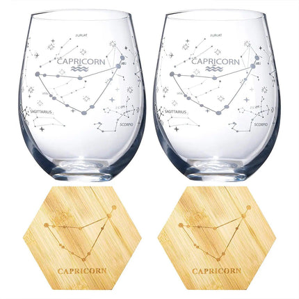 Set of 2 Zodiac Sign Wine Glasses with 2 Wooden Coasters by The Wine Savant - Astrology Drinking Glass Set with Etched Constellation Tumblers for Juice, Water Home Bar Horoscope Gifts 18oz (Capricorn) by The Wine Savant - Vysn