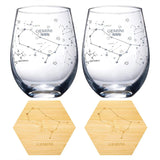 Set of 2 Zodiac Sign Wine Glasses with 2 Wooden Coasters by The Wine Savant - Astrology Drinking Glass Set with Etched Constellation Tumblers for Juice, Water Home Bar Horoscope Gifts 18oz (Gemini) by The Wine Savant - Vysn