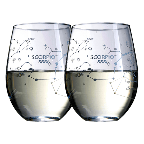 Set of 2 Zodiac Sign Wine Glasses with 2 Wooden Coasters by The Wine Savant - Astrology Drinking Glass Set with Etched Constellation Tumblers for Juice, Water Home Bar Horoscope Gifts 18oz (Scorpio) by The Wine Savant - Vysn