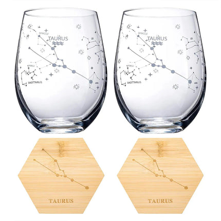 Set of 2 Zodiac Sign Wine Glasses with 2 Wooden Coasters by The Wine Savant - Astrology Drinking Glass Set with Etched Constellation Tumblers for Juice, Water Home Bar Horoscope Gifts 18oz (Taurus) by The Wine Savant - Vysn