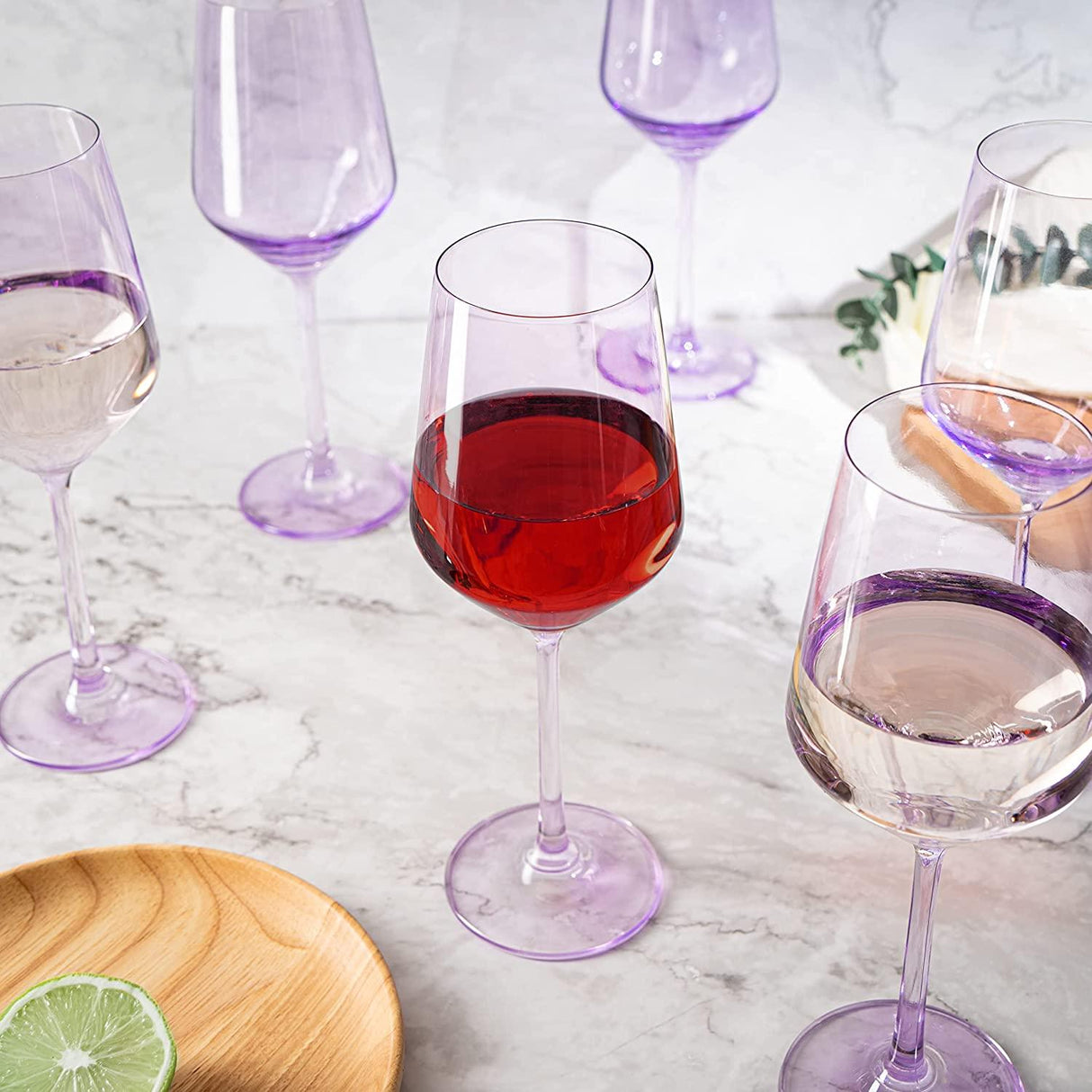 Set of 6 Colored Wine Glasses - 12 oz Hand Blown Italian Style Crystal Bordeaux Wine Glasses - Premium Stemmed Colored Glassware - Unique Drinking Glasses (6, Lavender Purple) by The Wine Savant - Vysn