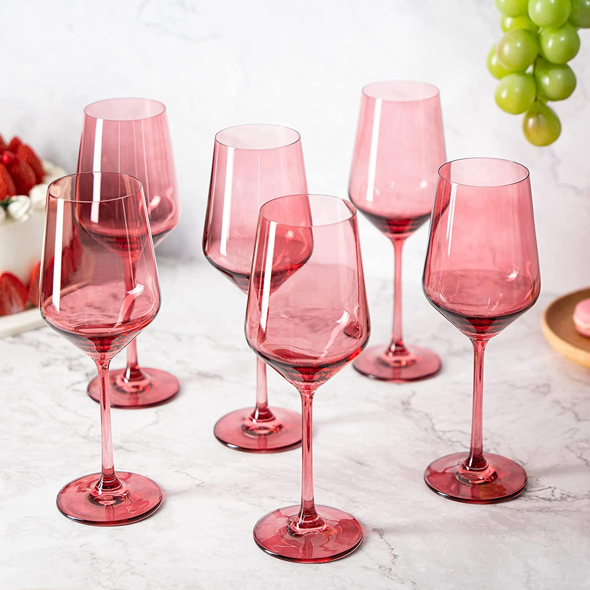 Set of 6 Colored Wine Glasses - 12 oz Hand Blown Italian Style Crystal Bordeaux Wine Glasses - Premium Stemmed Colored Glassware - Unique Drinking Glasses (6, Rose) by The Wine Savant - Vysn