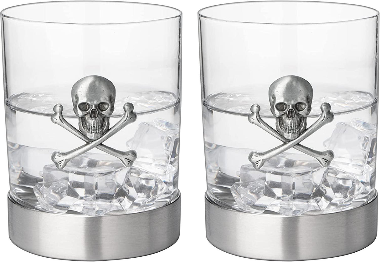 Skull & Skeleton Crossbones Pewter Whiskey & Wine Drinking Glasses - 11oz Set of 2 - Water, Rum, Brandy & Scotch Glass, Elegant, Skeleton Crystal Cup, Gifts for Men & Women, Old Fashioned Glass by The Wine Savant - Vysn