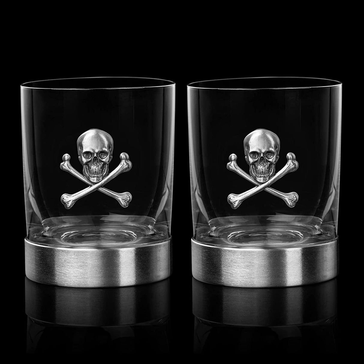 Skull & Skeleton Crossbones Pewter Whiskey & Wine Drinking Glasses - 11oz Set of 2 - Water, Rum, Brandy & Scotch Glass, Elegant, Skeleton Crystal Cup, Gifts for Men & Women, Old Fashioned Glass by The Wine Savant - Vysn