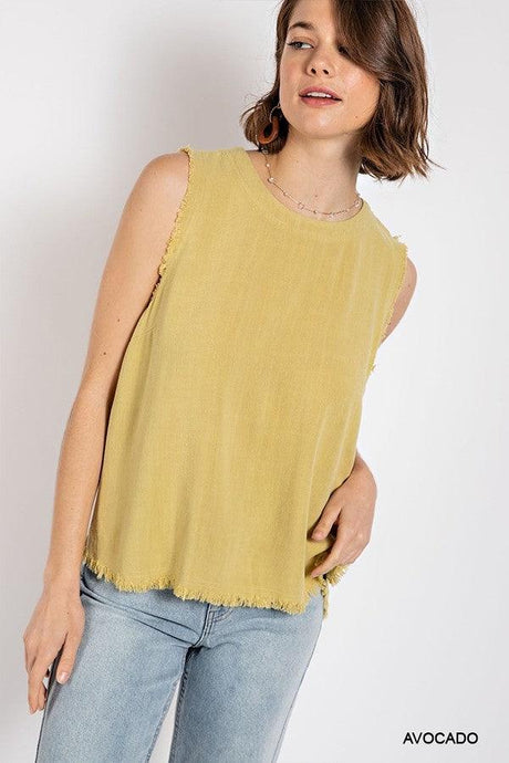 Sleeveless back button closure frayed top - Vysn