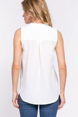 Sleeveless Henley Neck Woven Top - VYSN