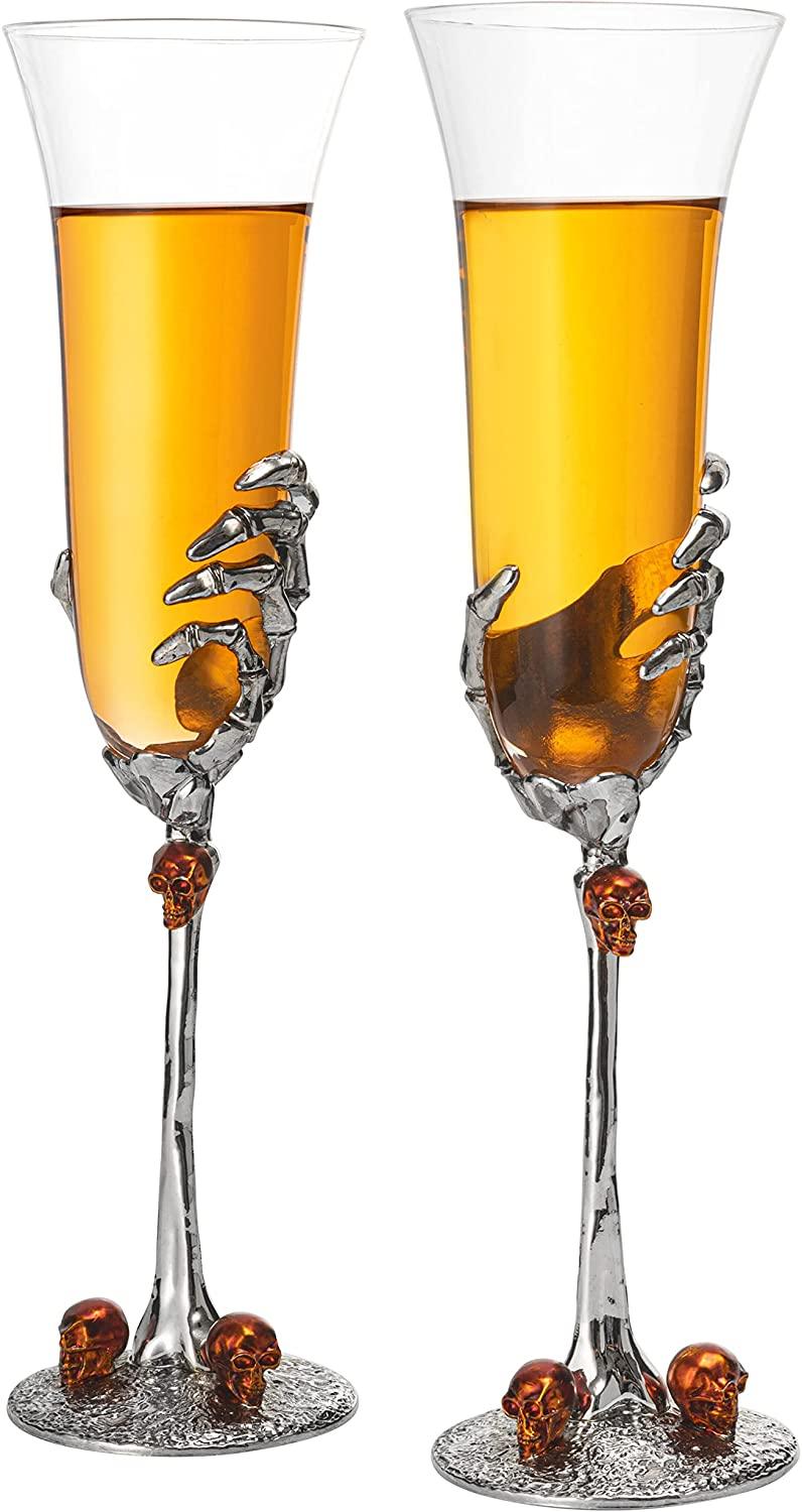 Stemmed Skeleton Champagne Glasses Set of 2 by The Wine Savant - 7oz Skeleton Glasses 9" H, Goth Gifts, Skeleton Gifts, Skeleton Decor, Spooky Champagne Gift Set, Unique Champagne Glasses, Perfect for Halloween Themed Parties! by The Wine Savant - Vysn