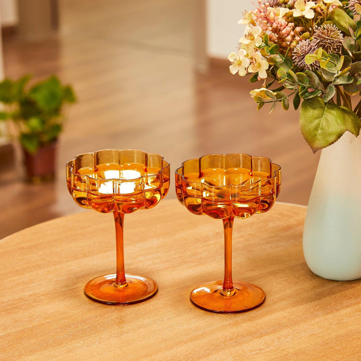 The Wine Savant Flower Vintage Glass Coupes 7oz Colorful Cocktail, Martini & Champagne Glasses, Prosecco, Mimosa Glasses Set, Cocktail Glass Set, Bar Glassware Luster Glasses 3.9" X 5.1" (Amber) by The Wine Savant - Vysn