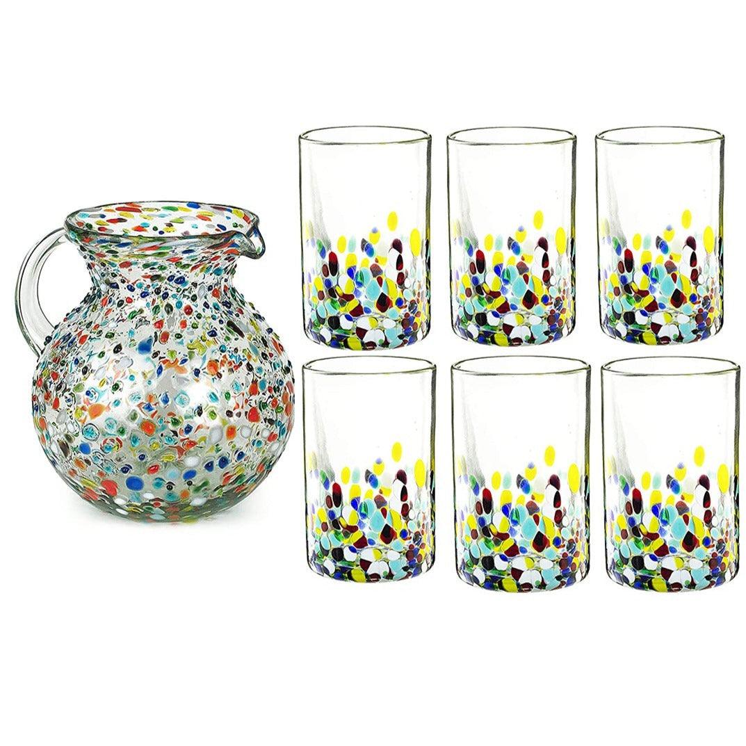 The Wine Savant Hand Blown Mexican Drinking Glasses and Pitcher – Set of 6 with Mexican Confetti Design (14 oz each) and Pitcher (84 Ounces) (Confetti) by The Wine Savant - Vysn