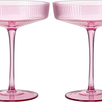 The Wine Savant Ribbed Coupe Cocktail Glasses 8 oz | Set of 2 | Classic Manhattan Glasses For Cocktails, Champagne Coupe, Ripple Coupe Glasses, Art Deco Gatsby Vintage, Crystal with Stems (Rose Pink) by The Wine Savant - Vysn