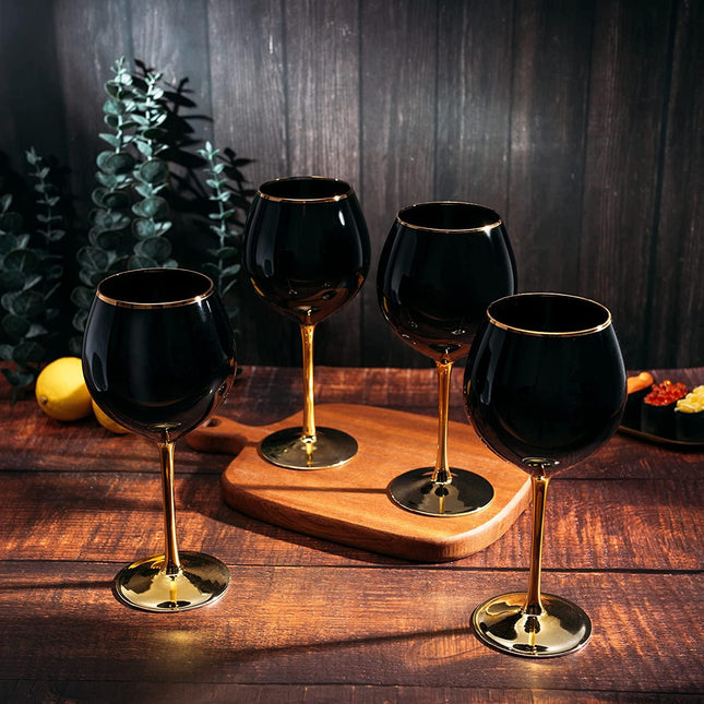 The Wine Savant Set of 4 Black Wine Glasses Gold Stemmed 14 oz Gold Rim Wine Glasses, Black Colored Wine Glasses Luxury Wine Glassware Wine Tasting, Wedding Gift, Anniversary, Birthday by The Wine Savant - Vysn