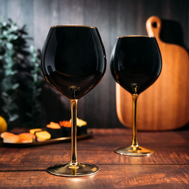 The Wine Savant Set of 4 Black Wine Glasses Gold Stemmed 14 oz Gold Rim Wine Glasses, Black Colored Wine Glasses Luxury Wine Glassware Wine Tasting, Wedding Gift, Anniversary, Birthday by The Wine Savant - Vysn