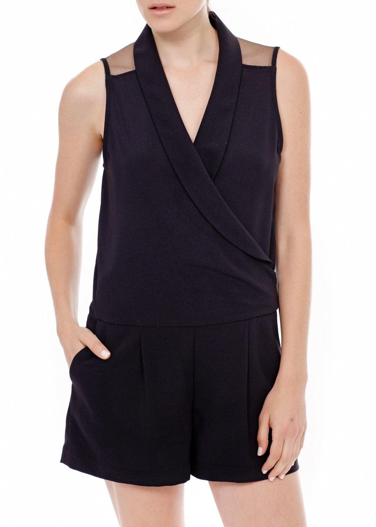 V-Neck Sleeveless Romper In Black by Shop at Konus - Vysn