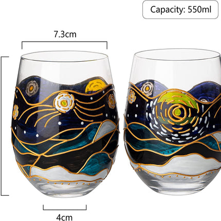 Vincent Van Gogh Wine Glasses Artisanal Hand Painted Stemless Set of 2 - The Wine Savant - 2 Set of Tumblers - Artistic Gift Idea for Her, Him, Birthday, Housewarming - Extra Large Goblets (18.5 OZ) by The Wine Savant - Vysn