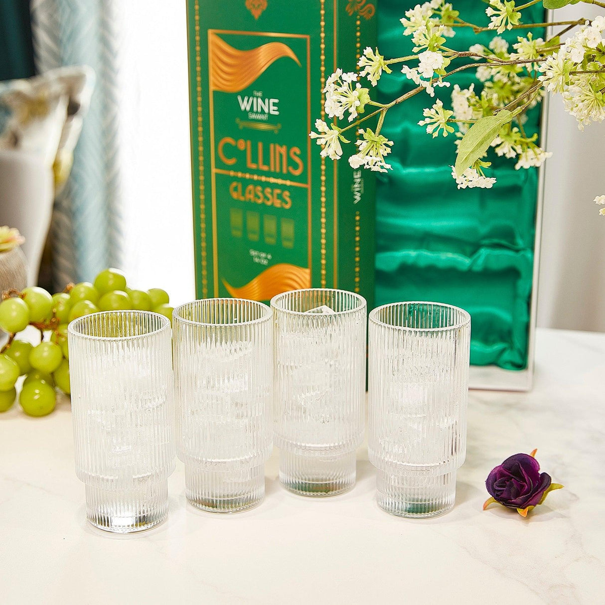 Vintage Art Deco Crystal Highball Ribbed Glass Set of 4 - Ripple, Collins Glassware 14oz Classic Crystal Cocktail Glasses Perfect for Water, Champagne, Beer, Juice, Tom Cocktails - Barware Tumblers by The Wine Savant - Vysn