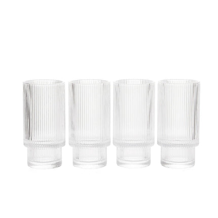 Vintage Art Deco Crystal Highball Ribbed Glass Set of 4 - Ripple, Collins Glassware 14oz Classic Crystal Cocktail Glasses Perfect for Water, Champagne, Beer, Juice, Tom Cocktails - Barware Tumblers by The Wine Savant - Vysn