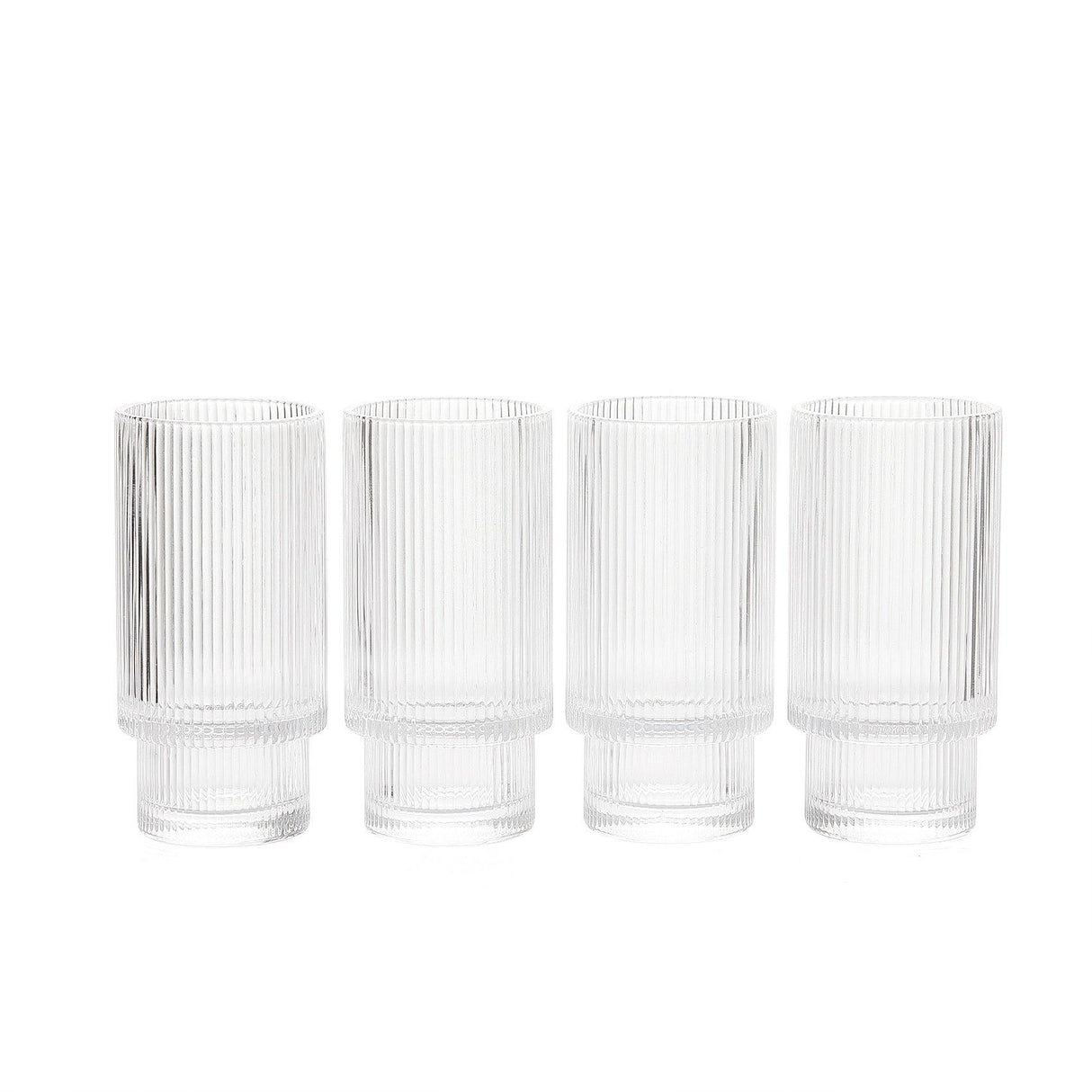 Vintage Art Deco Crystal Highball Ribbed Glass Set of 4 - Ripple, Collins Glassware 14oz Classic Crystal Cocktail Glasses Perfect for Water, Champagne, Beer, Juice, Tom Cocktails - Barware Tumblers by The Wine Savant - Vysn