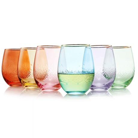 Vintage Crystal Colored Wine Gold Rim Glasses | Set of 6 | Gilded Art Deco 15 oz Vibrant Classic Cocktail Glassware - Crystal Carved Glass for Red & White Wines, Cocktails, Martini, Sidecar, Champagne by The Wine Savant - Vysn