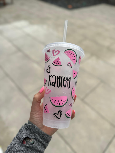 Watermelon Summer Personalised Name Tumbler Venti Cold Cup 24oz - With Straw by WinsterCreations™ Official Store - Vysn