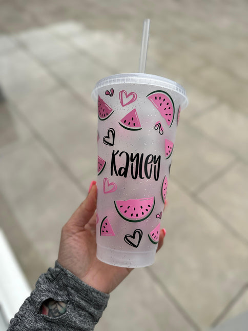 Watermelon Summer Personalised Name Tumbler Venti Cold Cup 24oz - With Straw by WinsterCreations™ Official Store - Vysn