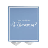 Will You Be My jr groomsman? Proposal Box Light Blue w/ white Bow- Border by Tshirt Unlimited - Vysn