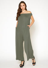 Women's Off Shoulder Wide Leg Jumpsuit With Pockets by Shop at Konus - Vysn