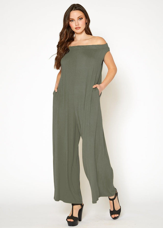 Women's Off Shoulder Wide Leg Jumpsuit With Pockets by Shop at Konus - Vysn