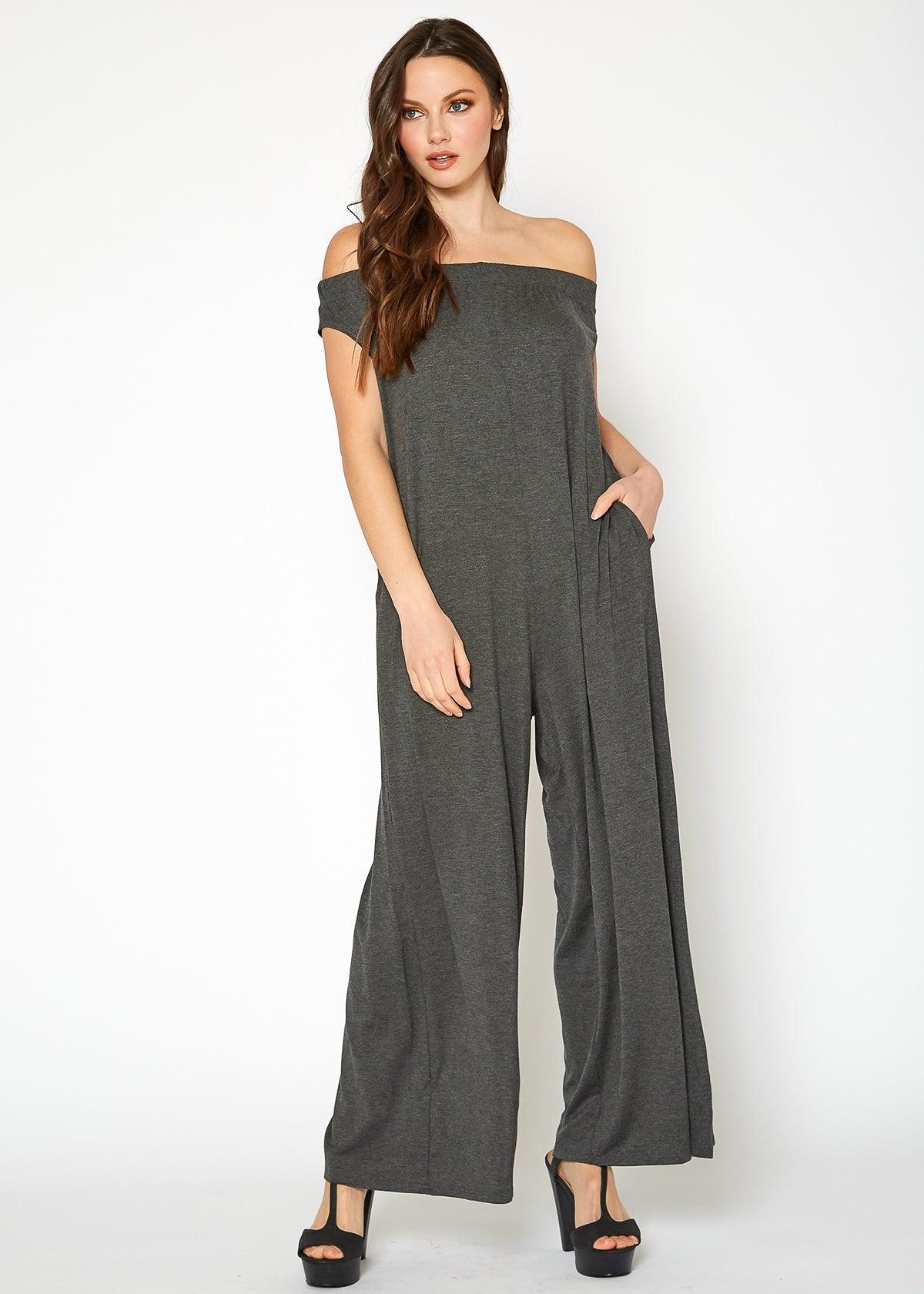 Women's Off Shoulder Wide Leg Jumpsuit With Pockets by Shop at Konus - Vysn