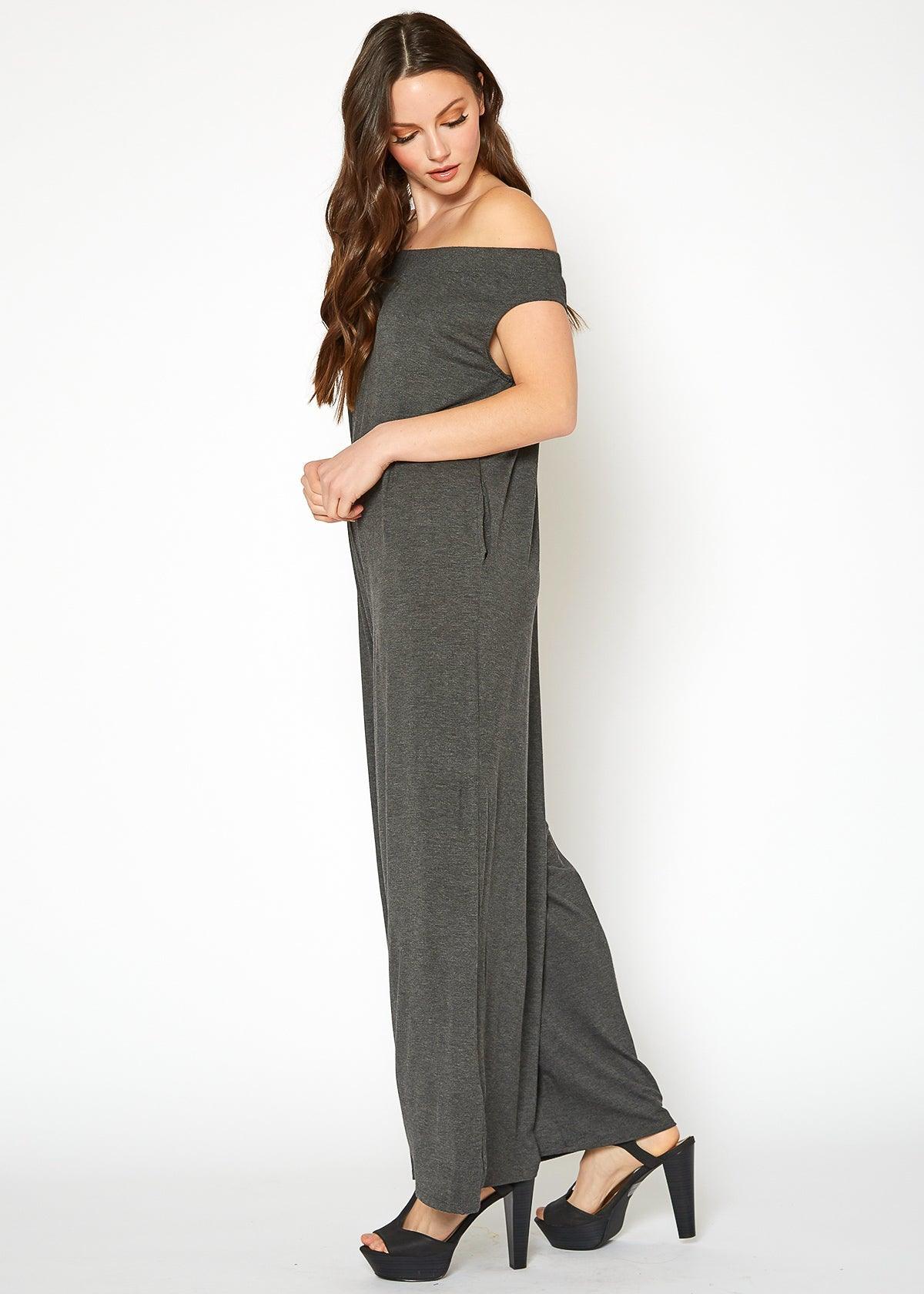 Women's Off Shoulder Wide Leg Jumpsuit With Pockets by Shop at Konus - Vysn